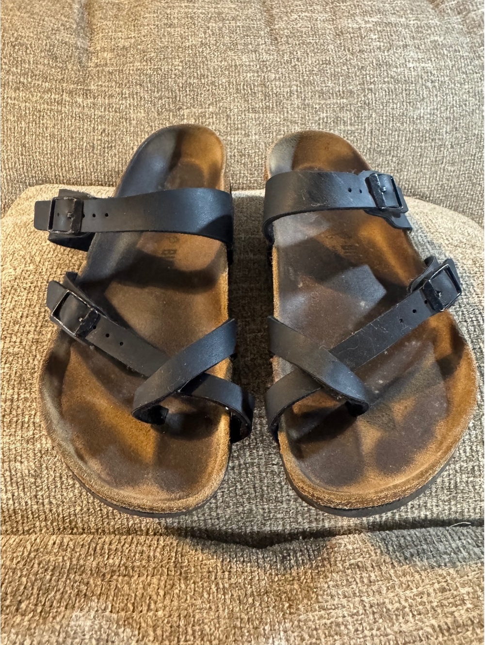 Birkenstock Mayari Black Strappy Toe Loop Cork Sandals Slides Size 7